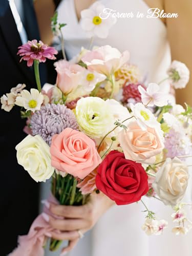 MACTING 30PCS Artificial Flower Roses Real Touch Fake Spring Flowers with Stem Foam Roses for DIY Wedding Bouquet Floral Arrangements Table Centerpieces Party Home Valentines Day Decor (Mix Color 3) - color: Mix Color 3, size: 30PCS
