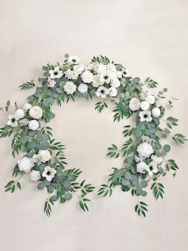 MISSPIN 8FT Eucalyptus and Willow Leaf Garland with Artificial Flowers Fake Flower Peony Rose Vine Greenery Decorative Wall Hanging Plant for Spring Wedding Arch Backdrop Door Arrangement Party Decor - color: White