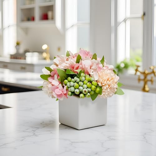 Artificial Flower Arrangement in Ceramic Vase Pink Hydrangea Home Decor | Artificial Pink Hydrangea Potted Flowers with White Vase, Fake Peony Green Berry Floral Decor for Home Office Wedding Table - color: Pink Hydrangea