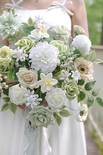 rongflower White Green Artificial Flowers Combo Set Fake Flower Leaf Box with Stemst for DIY Wedding Bridal Bouquet, Centerpieces, Home Decor, Floral Arrangement Decor - color: Green White