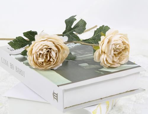 IPOPU 10pcs Beige Peonies Artificial Flowers Silk Peonies with Stems Real Look Fake Peony for Home Table Decorations Wedding Faux Flowers Arrangements - color: Beige