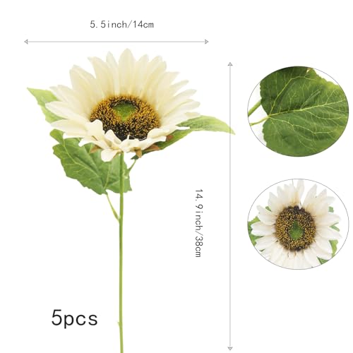 LILOCOO 5pcs Artificial Sunflowers Vintage Fake Silk Sunflowers Fake Bouquet Large Decor for Home Hotel Office Wedding Party Garden(White) - color: White