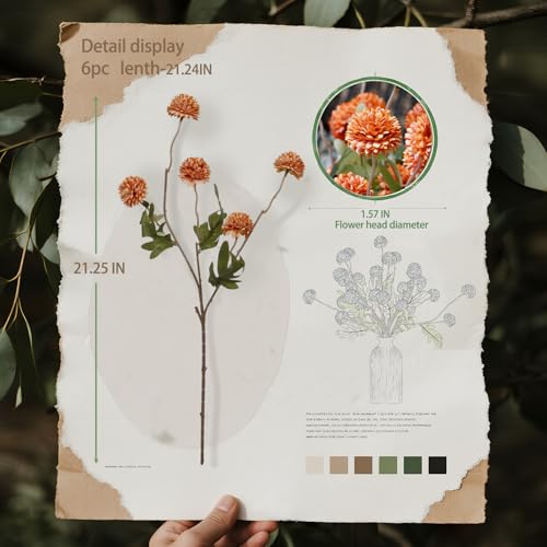 6 Pcs Fall Artificial Flowers Faux Silk Pompon Mum, Orange Silk Small Mini Chrysanthemum Ball with Long Stems, for Autumn Table Centerpieces Decor, Decoración de Otoño, No Vase - color: Orange
