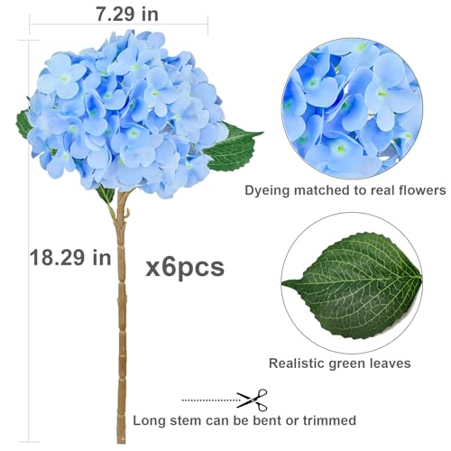 6PCS Blue Hydrangea Artificial Flowers, Bulk Silk Fake Flower with Stems, Faux Hydrangeas Bouquets for Home Décor, Wedding, Party, and Office Table Centerpieces. - color: Blue