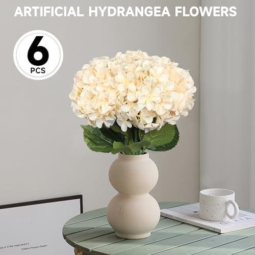 6 PCS Artificial Hydrangea Flowers, Faux Silk Hydrangea with Long Stems, Home Wedding Decor, Table Centerpieces, Party Decorations(Champagne) - color: Champagne