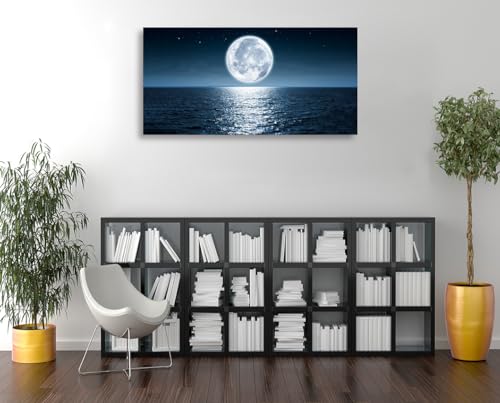 Wall Art Canvas Print Moon Sea Ocean Landscape 1 Panels Full Moon Picture Painting Framed and Stretched Ready to Hang for Living Room Bedroom Office Home Decor Artwork - color: Dark Blue, size: 71"L x 36"W