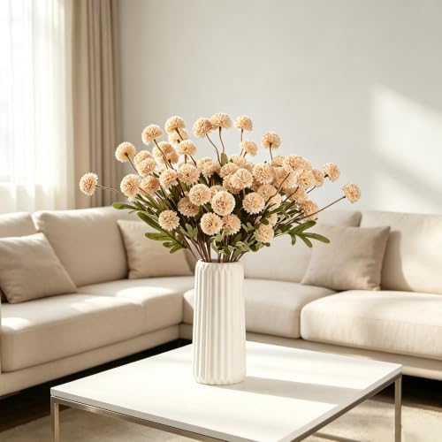 HNVNER Faux Flowers for Vase 10PCS, Beige Long Stem Artificial Flowers Indoor Silk Pompon Mum, Realistic Fake Filler Stem for Tall Vase, Farmhouse Home Decoration Table Centerpieces - color: Beige