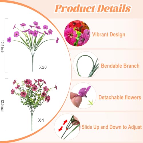 Ammyoo 24 Bundles Artificial Flowers for Outdoor Decoration, Fake Flowers No Fade UV Resistant Faux Silk Flower Plants for Outside Planters Garden Yard Porch Patio Balcony Indoor Decor(6 Colors) - color: 6 Colors