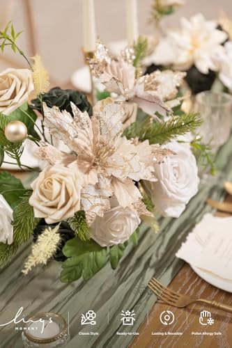 Ling's moment Christmas Flowers Artificial, White Poinsettias Artificial Christmas Flowers and Greenery Deluxe Combo for DIY Wedding Bridal Bouquet, Centerpieces, Home, Floral Arrangement Decor, etc. - color: Grn-champagne Chrismas, size: Deluxe