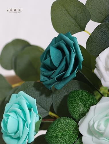 25pcs Artificial Flower，Real Looking Foam Roses w/Stem for DIY Wedding Bouquets Centerpieces Bridal Shower Party Decor-Shades of Teal Green - color: Shades of Teal Green