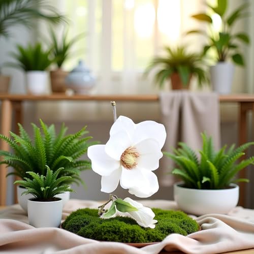 White Artificial Magnolia Fake Silk Flower Single Floral Home Decor Living Room Bedroom Garden Party Wedding Decoration in Pots Vase for Desk Table, Artificial Flowers, Home Décor Products