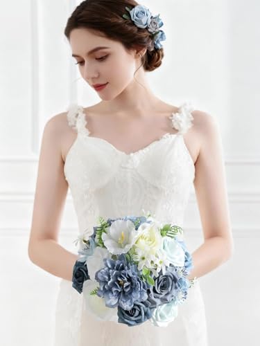 Artificial Flowers Combo Box Set,Dusty Blue Fake Roses Silk Flowers with Stems for DIY Wedding Bridal Bouquets,Floral Arrangement,Table Centerpieces,Baby Shower,Home Decorations - color: Dusty Blue