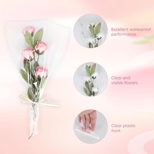 Wzifyf 50 PACK Flower Bags for Bouquets Flower Bouquet Holders Clear Floral Wrapping Paper flower Sleeves Build Your Own Bouquet Bar with 72 Ft Ribbons for Valentine's Day Packaging - color: Clear, size: bouquet wrap
