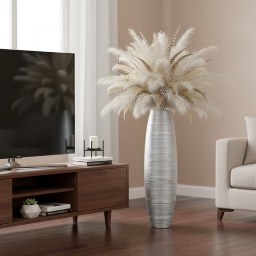 Tall Floor Vase, 27.5 inches (70cm, 2.3FT) Tall Vases Sturdy, Luxury, Textured for Decorative Branches Dried Flowers, Floor Vase for Rustic Living Room, Modern Decor, Resin Silver Vases - color: Silver, size: 27.5 in
