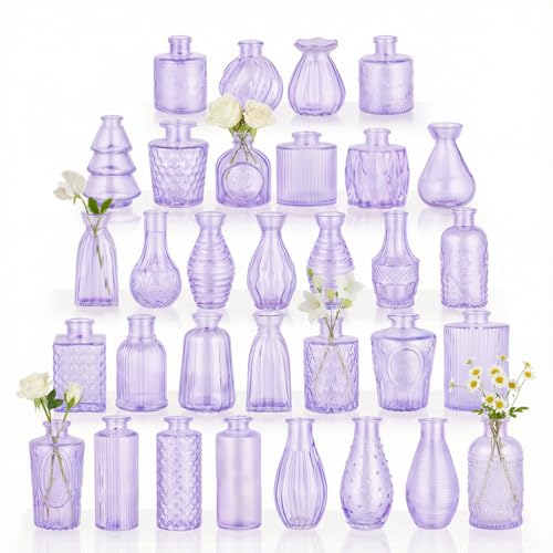RUCKAE Glass Bud Vases Mini Flower Vase Small Vintage Vases for Centerpiece Table Wedding Decorations Home Decor Party(Purple 32pack) - color: Purple