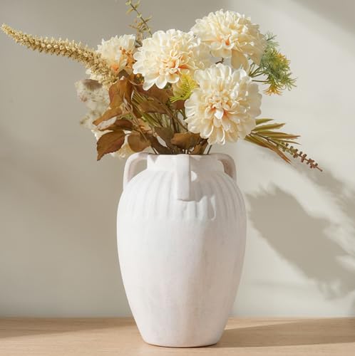 Ceramic Flower Vase with Handles, 8.86 inch Tall Ceramic Vase Home Decor Vintage Terracotta Rustic Vase for Bouquet Pottery Barn Decor Large Vases for Living Room Bathroom Modern Farmhouse, White - color: 8.86 in - White