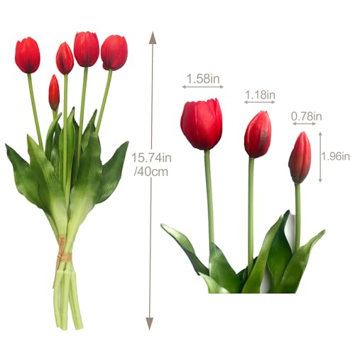 10 Pcs Fake Tulips Tulips Artificial Flowers Real Touch Fake Flowers Artificial Flower Bouquet for Home Table Party Wedding Decoration (Red) - color: Red