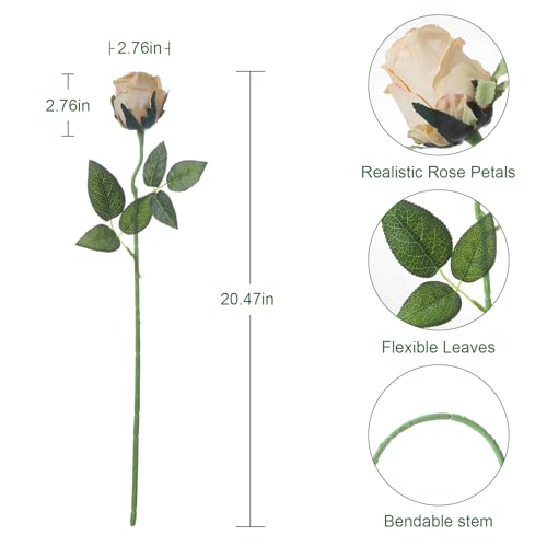 12Pcs Realistic Fake Champagne Roses Faux Flowers with Long Stems, Artificial Silk Rose Flowers for Valentines Day Home Wedding Decor Bridal Bouquet - color: Champaign