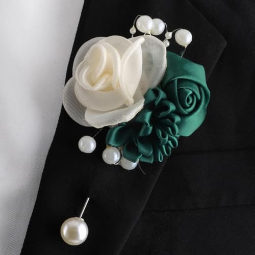 Wedding Prom Party Satin Rose Wrist Corsage Flower, 2Pcs Boutonniere and Wrist Corsage Wristband Roses Prom Flower Wedding Flowers Accessories Prom Suit Decorations (Dark Green) - color: Dark Green
