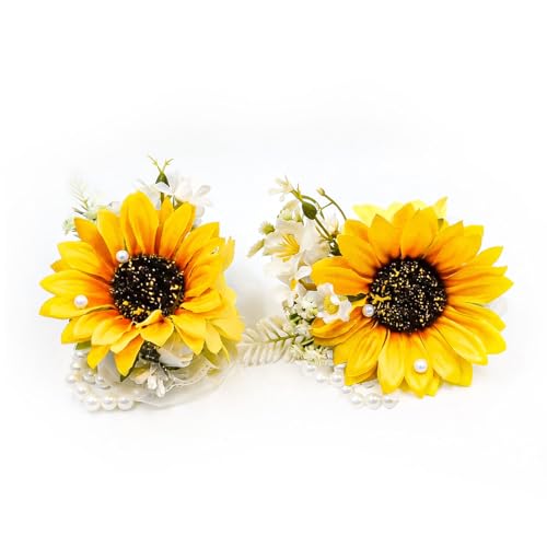 2 Pcs Sunflower Wrist Corsage, Artificial Yellow Flower Corsage Bracelet for Wedding, Prom, Bridesmaid, Mother of the Bride, Bridal Shower Party (2pcs Sunflower Wrist Corsage) - color: 2pcs Sunflower Wrist Corsage