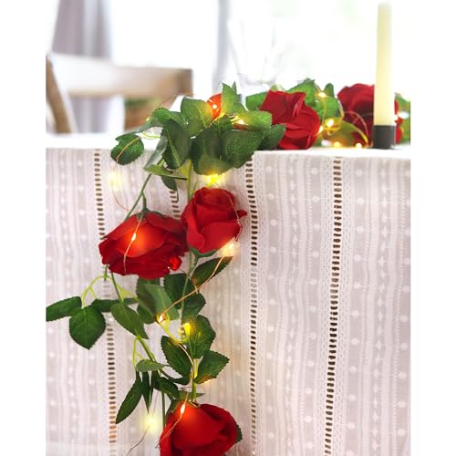 FiveSeasonStuff 29 Ft 4 Pack Christmas Red Rose Silk Flower Garland Artificial Flowers Decoration Hanging Floral with 66 feet String Lights - color: Christmas Red With Fairy String Lights