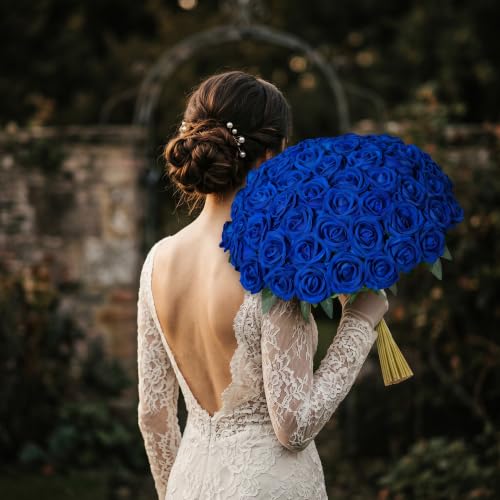 50 PCS Blue Roses Artificial Flowers, Fake Roses with Stem Realistic Silk Roses for DIY Wedding Bouquets Tables Centerpieces Arrangements Baby Shower Birthday Home Decor Independence Day Gift for Her - color: Blue