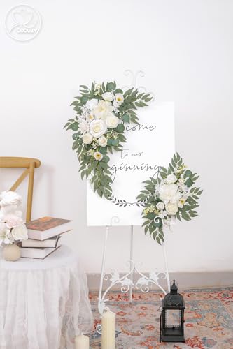Odouzy Pack of 2 Wedding Arch Decorations Artificial Hanging Flowers Floral Swag for Wedding Welcome Sign Backdrop Balloon Arch Home Party Bridal Ceremony Reusable(New White) - color: New White
