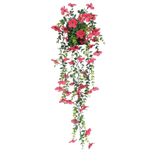 FAVOWREATH Fake Plants Hanging Artificial Potted Faux Eucalyptus Plants and Flowers for Modern Boho Farmhouse Bathroom Office Desk Wall Book Shelf Living Room Aesthetic Decor Indoor (Rose Red) - color: Rose Red