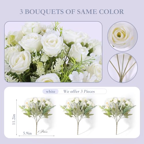 Artificial Flowers Bouquet 3 Pack Fake Rose Bouquet Faux Artificial Flower Arrangements Decoration Table Wedding Flower Centerpieces（White） - color: White