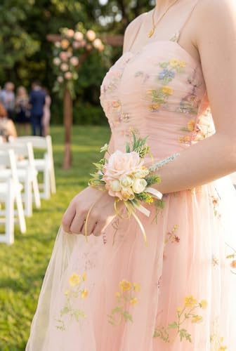 2 Pcs Wrist Corsage and Boutonniere Set, Blush Pink Corsage for Wedding, Boutonniere for Men Artificial Rose Flower Wristlet Bracelet Prom Ceremony Anniversary Accessories Decor Suit - color: Blush Pink