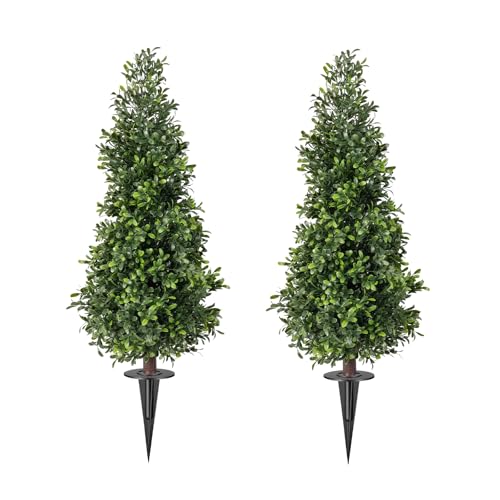 2FT Artificial Boxwood Topiary Trees with Ground Spike, 2 Pack UV Resistant Fake Shrubs Plants, Fake Evergreen Artificial Plant Brush for Indoor Outdoor Front Porch Garden - color: Boxwood-1
