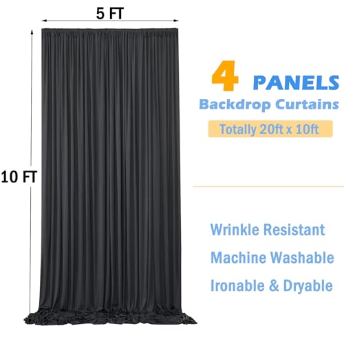 20ftx10ft Wrinkle Free Black Backdrop Curtain for Parties, 4 Panels 5x10ft Silky Polyester Photo Backdrop Drapes Back Drop Cloth Drapery for Wedding Birthday Photography Background Decor - color: Black, size: 20ftx10ft