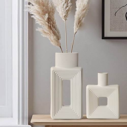 White Ceramic Vase Set of 2，Square Vase Rustic Home Decor Minimalist Nordic Boho Style for Living Room, Shelf, Table, Bookshelf, Mantel and Entryway Decor Vases - color: Square White