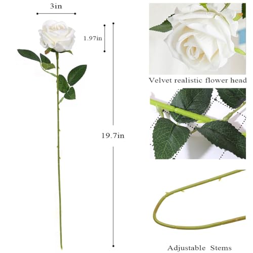 Jasion 50PCS Artificial Roses Realistic Velvet Flowers Long Stem Faux Silk Flower Bouquet for Mother's Day Wedding Home Party Table Centerpieces Decoration (White) - color: White 50pcs