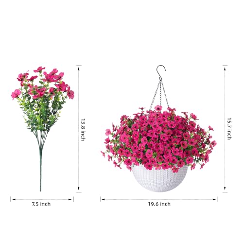 HyeFlora Artificial Faux Hanging Flowers Plants Basket for Outdoor Outside Porch Spring Decoration, Fake Silk Hotpink Daisy UV Resistant Look Real in Planter for Home Patio Balcony Garden - color: Rose Red