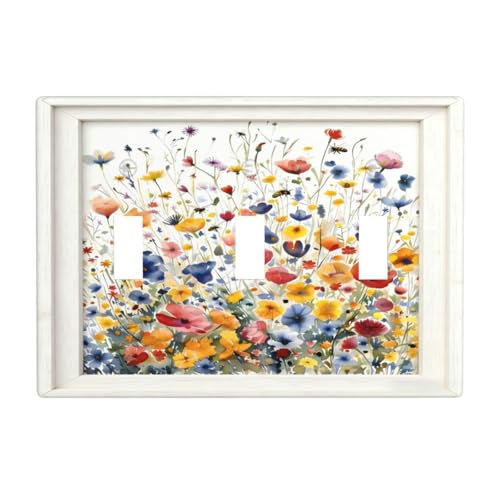 Decorative Art Light Switch Covers Watercolor Wildflower Bouquet 3 Gang Triple Toggle Wall Plate Decorative Switch plate Electrical Faceplate for Home Decor - color: Watercolor Wildflower Bouquet, size: 3-Gang Toggle / 6.7x 4.8 IN