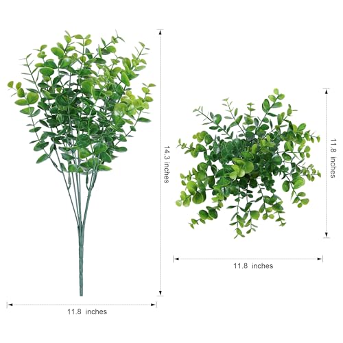 HyeFlora Artificial Plants for Outdoors Outside Spring Summer Decoration, 12 Bundles Faux Eucalyptus Leaves Stems Bulk Fake Greenery Branches Look Real UV Resistant for Home Porch Patio Planter Yard - color: Green Eucalyptus