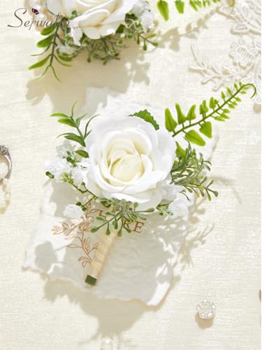 Serwalin 6 Pcs White Rose Boutonniere for Men, Groom Groomsmen Best Man Guest Boutonnieres，Artificial Flowers Silk Rose for Wedding Prom Ceremony Anniversary Party Homecoming - color: Ivory White, size: Boutonniere 6pcs