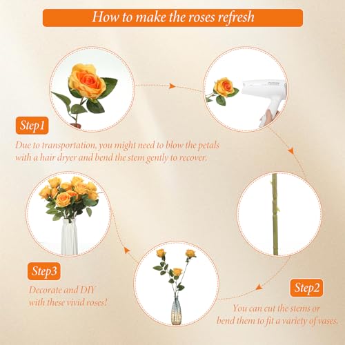 Hotop 20 Pcs Artificial Rose Flowers with Long Stem,Real Lifelike Silk Realistic Plastic Bouquet Roses Bulk for Home Decor Bridal Wedding Party Table Centerpieces Decorations(Orange) - color: Orange