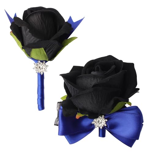 Black Rose Wrist Corsage and Boutonniere Set Rose Corsage Wristlet for Wedding Prom Party Homecoming Decoration Set of 2 (Blue and Black) - color: Blue and Black