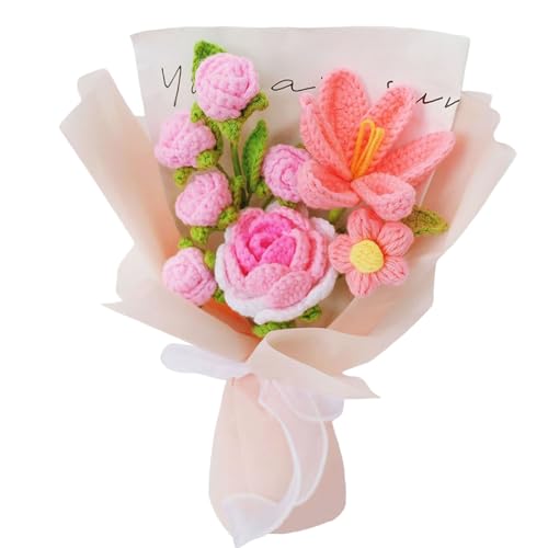Handmade Crochet Flowers Bouquet, Pink Knitted Flower,Rose Tulip Daisy | Handcrafted artwork.Healing Gifts for Women.Home decor never fades bouquet ,Valentine's Day,Mother's Day, Birthday Gifts - color: Pink - Roses Tulip