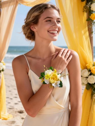 Serwalin 2 Pcs Wrist Corsage, 6-7 Inch Yellow Corsage for Wedding, Bridesmaid Mother Grandmother, Artificial Flowers for Prom Ceremony Anniversary - color: Yellow, size: Corsage-2pcs