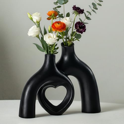 Liotww Hug Donut Ceramic Decorative Vase Set, Snuggle Hollow Modern Nordic Boho Style Vases for Home Decor Living Room Shelf Bookshelf Mantle Entryway Table Console Décor (Matte Black) - color: Heart - Matte Black