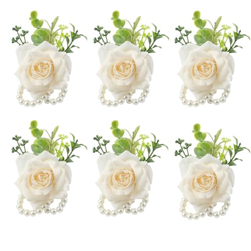 Wrist Corsage for Wedding(Set of 6),Artificial Champagne Rose Eucalyptus Pearls Wristband Corsages for Bride Bridesmaids Wedding, Women Mother Wrist Flower for Prom Party Anniversary Decor - color: Champagne-c Wrist Corsage 6pcs