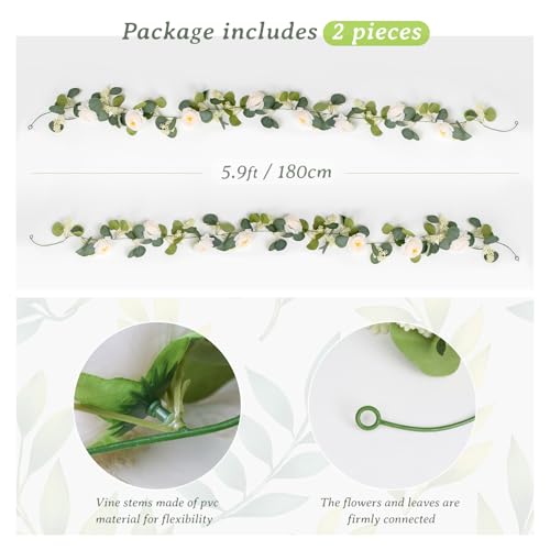 Uguisu 2Pcs Artificial Garland with Roses, 5.9ft Greenery Eucalyptus Garland for Wedding, Party, Mantel, Table, Indoor and Outdoor Decoration. Champagne - color: Champagne