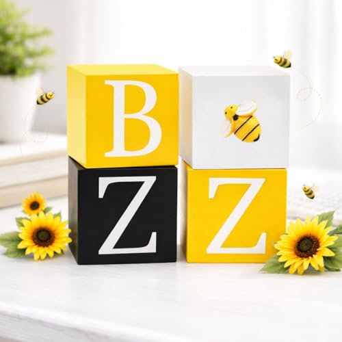 nuvagiki Bee Tiered Tray Decor, Bumble Bee Wooden Block Sign, Farmhouse Rustic Tabletop Decorations for Kitchen Home, Spring Summer Bee Theme Decor - color: Yellow
