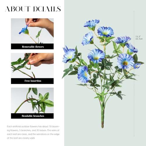 Blue Artificial Morning Glory Flowers for Outdoor Planters, Premium UV Resistant Silk Faux Flowers for Porch, Hanging Basket & Window Box, Lifelike Floral Arrangement, No Pot 13.3“ 4 Bundles - color: Blue 4pcs