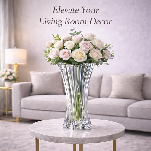 Crystal Glass Vase – Heavy Crystal Vase for Flowers with Weighted Bottom, Thick Durable Decorative Vases for Modern Home Decor, 9.8″ 3.5lb Clear Centerpiece (Transparent) - color: Transparent