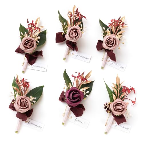 Ling's moment Boutonniere for Men, 6pcs Groom Groomsmen Boutonniere, Artificial Flowers for Wedding Decor/Prom/Homecoming, etc.Marsala Dusty Rose - color: Pk-marsala & Dusty Rose