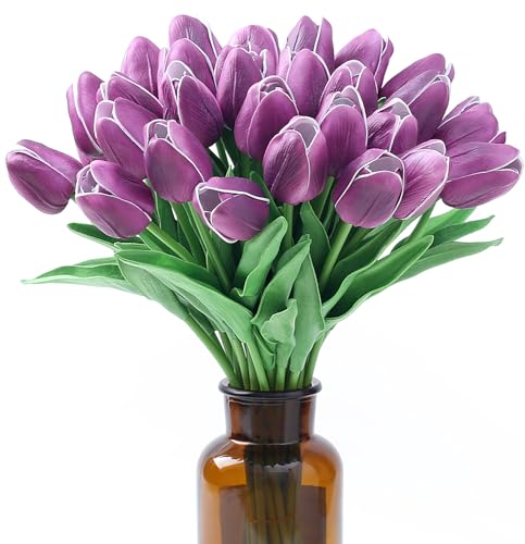 SITUMEIZI 15pcs Purple Tulips Fake Artificial Flowers Real Touch 14" PU Flower for Home Decor Spring Easter Wedding Bouquet Decorations Floral Arrangements# - color: Purple